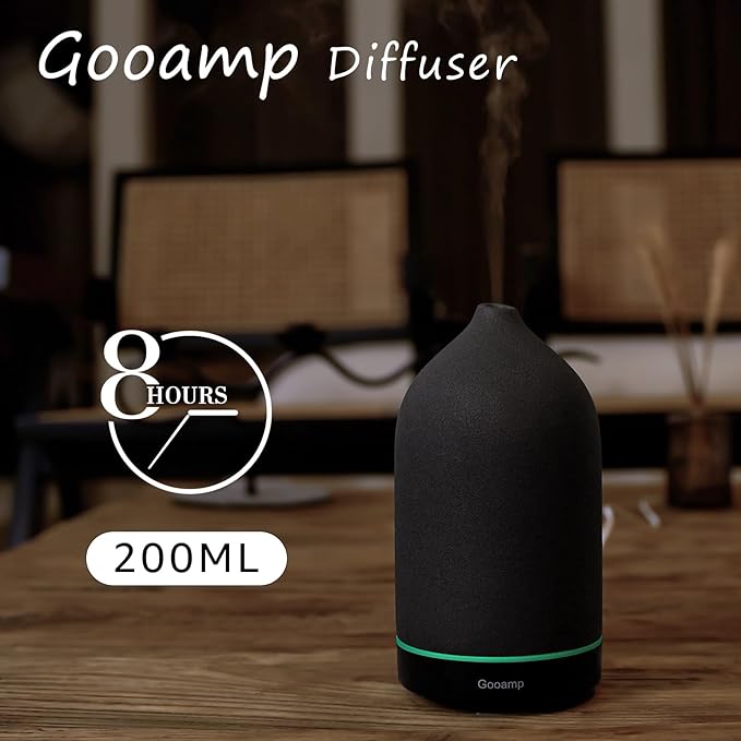 200ML Ceramic Essential Oil Diffuser - Ultrasonic Aromatherapy & Humidifier with 7-Color LED Lights, Auto Shut-Off, Black, 1H/3H/6H Timer | Scent for Home, Office, Yoga-Ruum Studio Home