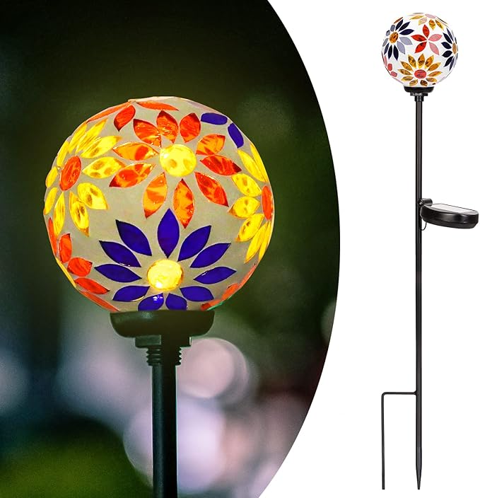 Afirst Solar Lights Outdoor Decorative - Solar Gazing Ball Mosaic Garden Stakes Flower Decorative Lights Waterproof for Pathway Yard Lawn Decoration Orange-Ruum Studio Home