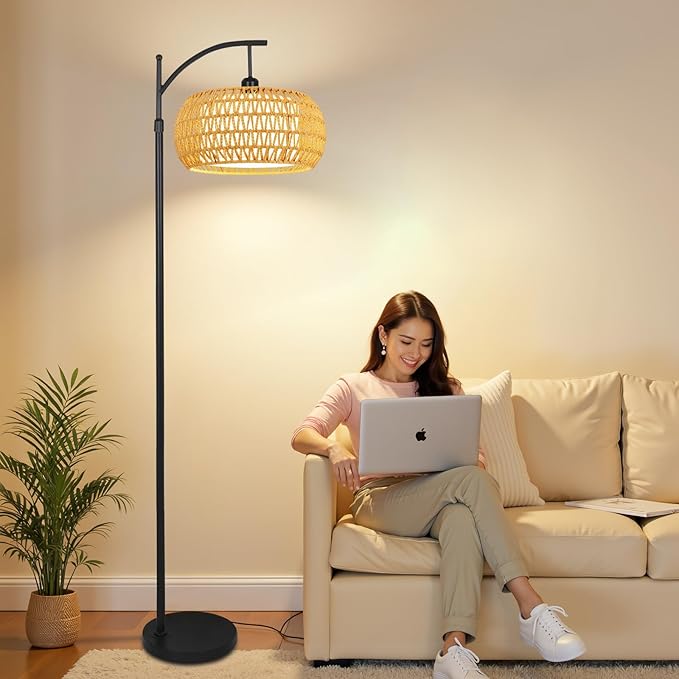 Arc Floor Lamps for Living Room Rattan Boho Floor Lamp with Remote Control,Dimmable LED Floor Lamp Wicker Lamp Shades Black Standing Lamp with 3 Color Temperature Tall Floor Lamps For Bedroom Corner-Ruum Studio Home