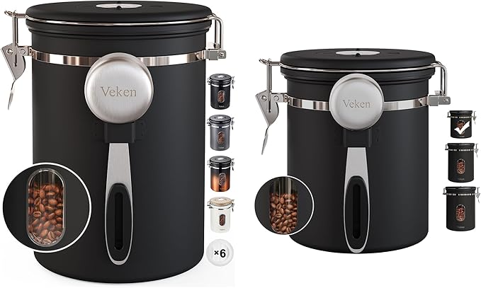 Veken Coffee Canister with Window, Airtight Stainless Steel Kitchen Food Storage Container with Date Tracker and Scoop for Grounds Coffee, Beans, Tea, Flour, Cereal, Sugar, 22&16OZ,Black-Ruum Studio Home