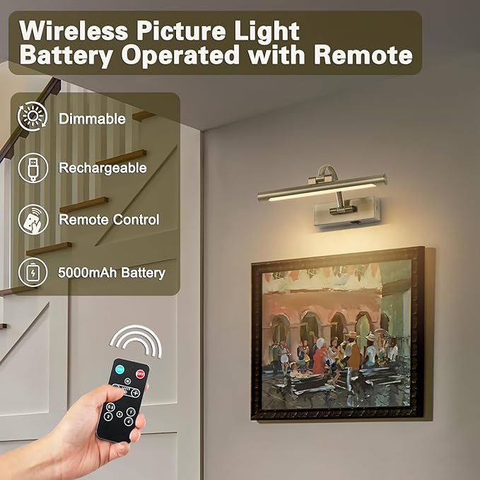 Wireless Picture Lights Rechargeable Gallery Lighting Battery Picture Frame Light with Remote and Timer, Adjustable Art Light for Paintings, Portraits, Antique Bronze Finish 12'' Inch 2W 2700K-Ruum Studio Home