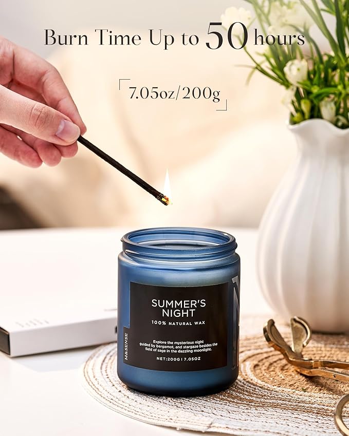 M&SENSE Summer's Night Scented Candle, All Natural Soy Wax Clean Non Toxic Manly Candle for Home, 7.05oz Up to 50 Hours Burn Time in Glass Jar for Bedroom-Ruum Studio Home