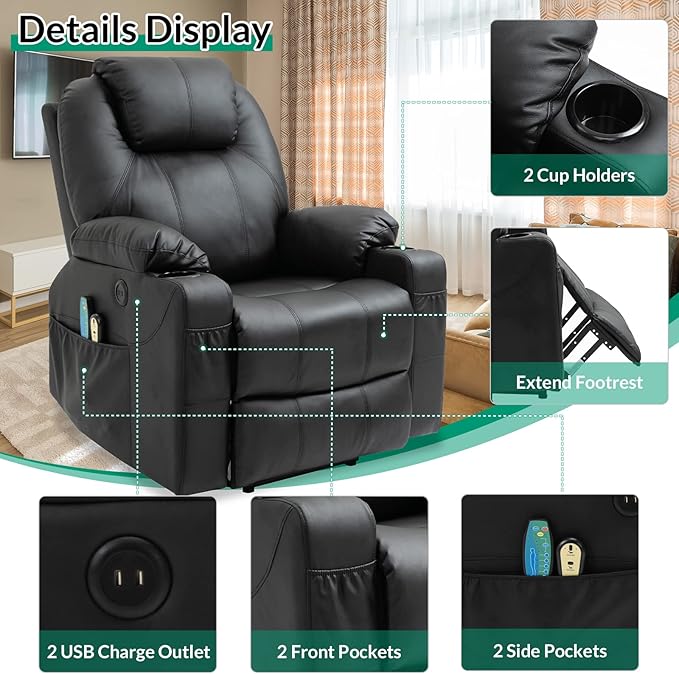 VIVIJASON Power Lift Chair Electric Recliner for Elderly Heated Vibration Massage Faux Leather Recliner Chair with 2 Remote Controls, Cup Holders, Side Pockets & USB Ports for Living Room (Black)-Ruum Studio Home