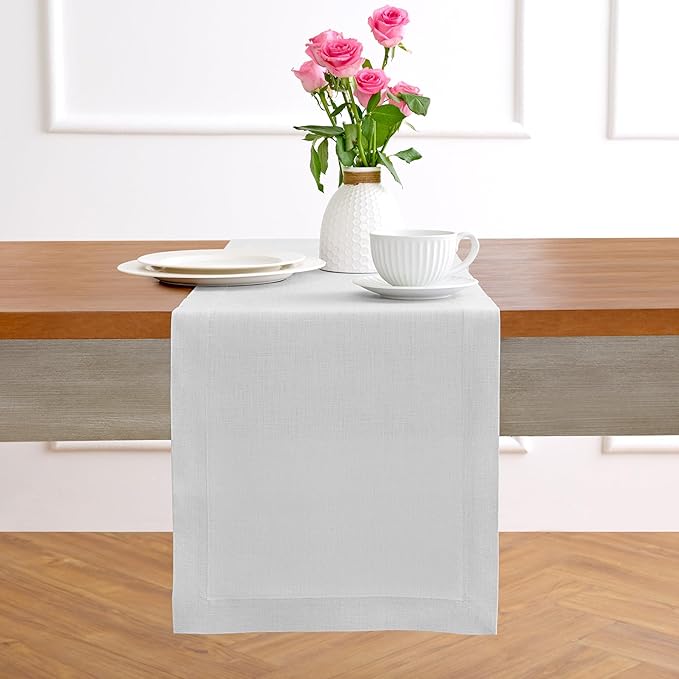 Solino Home Linen Table Runner 48 Inches - 100% Pure Linen Silver Cloud Table Runner 14 x 48 Inch Ideal for Dresser and Coffee Tables - Fall, Autumn, Thanksgiving - Fete-Ruum Studio Home
