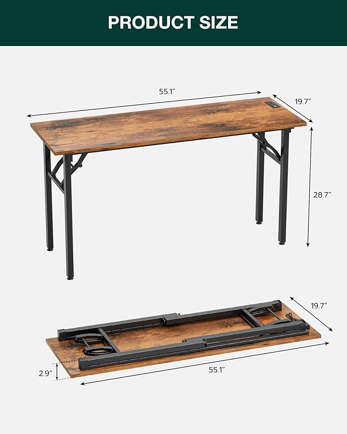 Frylr Small Folding Computer Desk – 55.1 Inch Portable Table for Craft and Study, Lightweight Desk for Small Spaces, Foldable Laptop Table Built-in AC/USB Outlets for Convenience, Rustic Brown-Ruum Studio Home