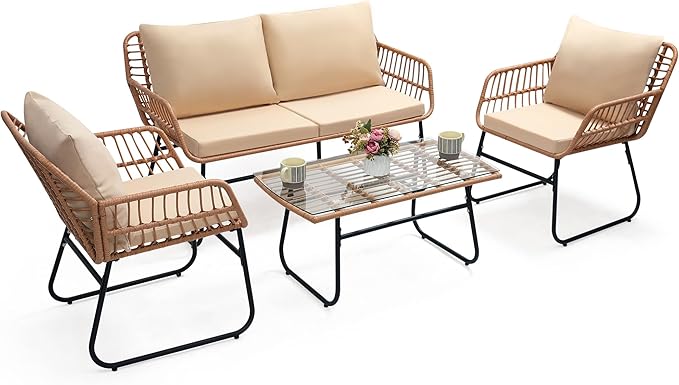 Kromax 4 Piece Patio Bistro Outdoor Furniture Set, Wicker Sofa, 2 Rattan Chairs, and Table, Backyard Conversation Set, All Weather Cushions, Natural Rattan Beige Cushion-Ruum Studio Home
