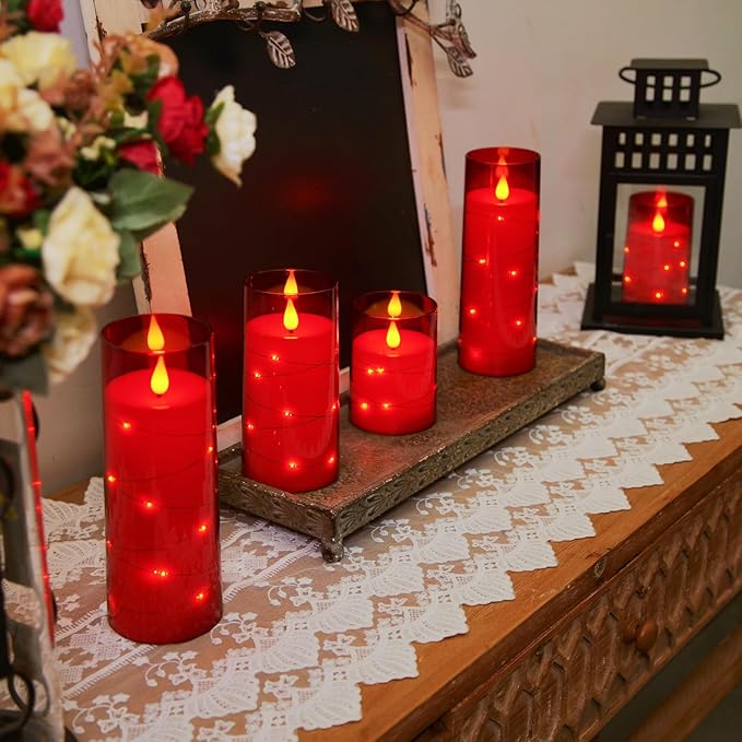 Homemory Acrylic Flameless Candles with Embedded Star String Fairy Lights, Battery Operated Candle, LED Candles, Fake Candles with Remote Control and Timer, Red, Set of 5(H4 5" 6" 8" 8")-Ruum Studio Home