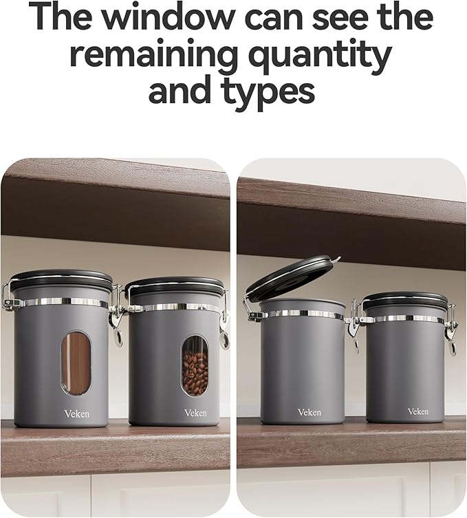 Veken Coffee Canister with Window,Airtight Stainless Steel Kitchen Food Storage Container, Date Tracker & Scoop for Grounds Coffee, Beans, Tea, Flour, Cereal,Sugar,22OZ,Grey-Ruum Studio Home