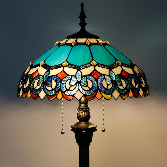 Tiffany Floor Lamp Stained Glass Lamp Standing Reading Light 16x16x70 Inch for Living Room (Blue Jewelry Baroque Style)-Ruum Studio Home