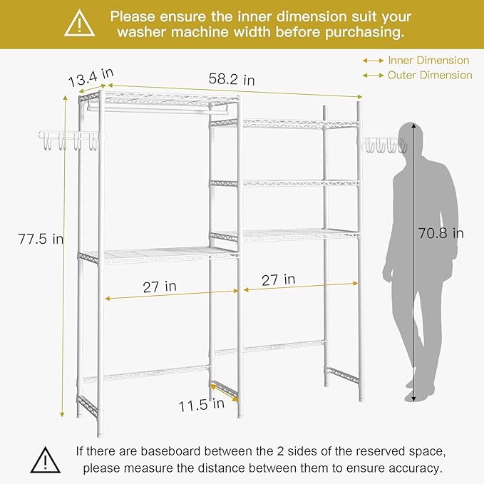 Ulif U5 Over the Washer and Dryer Storage Shelf, Laundry Room Space Saver Bathroom Storage and Organizer Rack for Hanging Towels and Drying Clothes with 5 Wire Shelves, 58.2"W x 13.4"D x 77.5"H, White-Ruum Studio Home