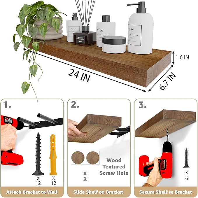 IAE Walnut Floating Wall Shelves 24 inch, Bathroom Shelves Wall Mounted,Invisible Shelves Floating Kitchen Shelves,Wooden Wall Shelves with Brackets for Living Room Wall Mounted,Easy Install,Set of 2-Ruum Studio Home