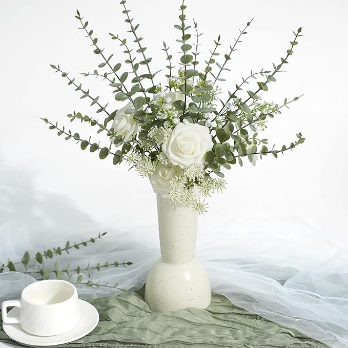 24Pcs Faux Eucalyptus Stems, 15" Artificial Eucalyptus Plants with White Frosted Coating, Fake Eucalyptus Decor Plastic Greenery Leaves for Wedding Bouquets Home Decor DIY Floral Arrangements-Ruum Studio Home