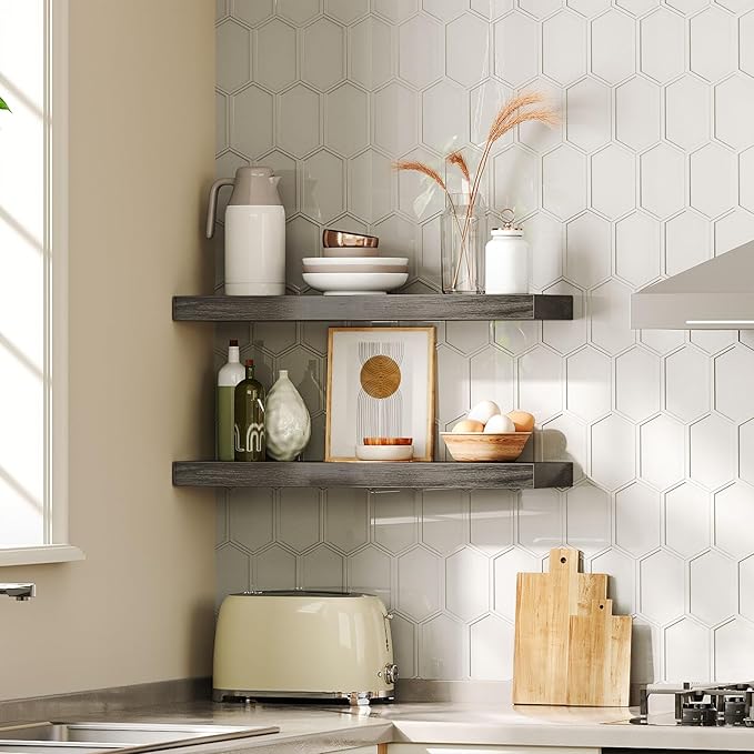 HOOBRO Floating Shelves for Wall, Wall Mounted Shelf Set of 2, 23.6" Hanging Shelf with Invisible Brackets, for Wall in Bathroom, Bedroom, Toilet, Kitchen, Living Room, Office, Charcoal Gray BC60BJ01-Ruum Studio Home