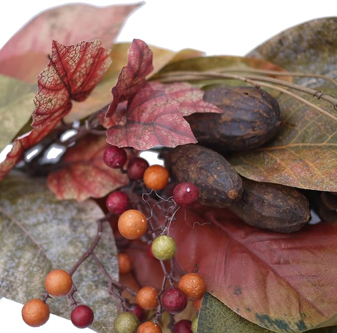 Admired By Nature 24 Inch Artificial Fall Magnolia Leaf Vine Berry Wreath Autumn Leaves For Wall Fornt Door Home Office Farmhouse Thanksgiving Harvest Cemetery Wreaths Indoor Outdoor, Orange-Pinecones-Ruum Studio Home