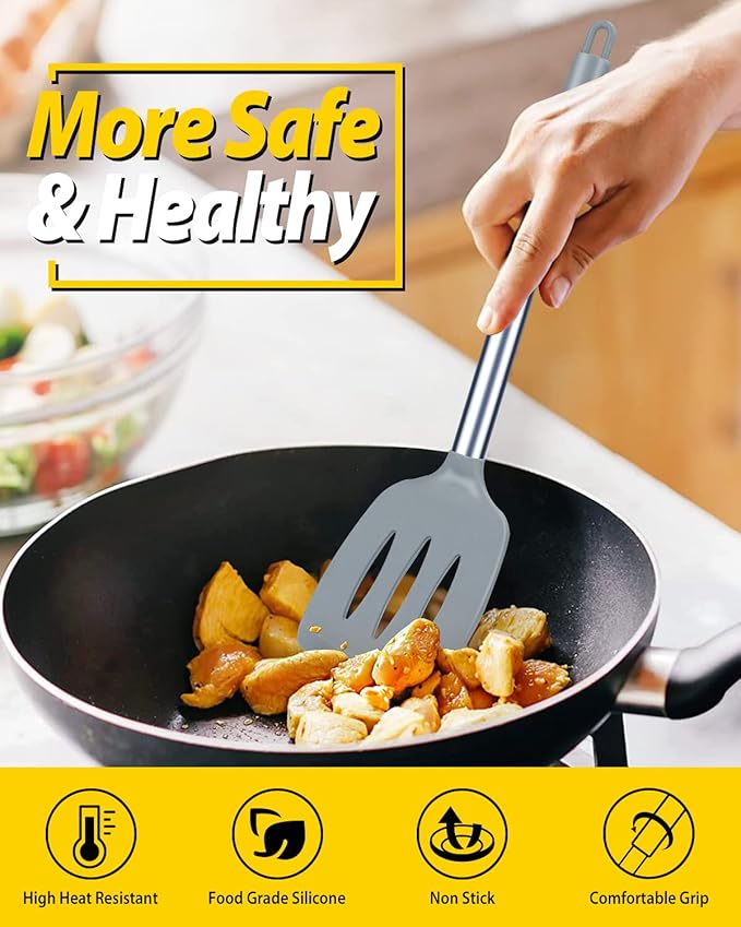 Pack of 2 Silicone Solid Turner, Non Stick Slotted Kitchen Spatulas, High Heat Resistant BPA Free Cooking Utensils, Ideal Cookware for Fish, Eggs, Pancakes(Gray)-Ruum Studio Home