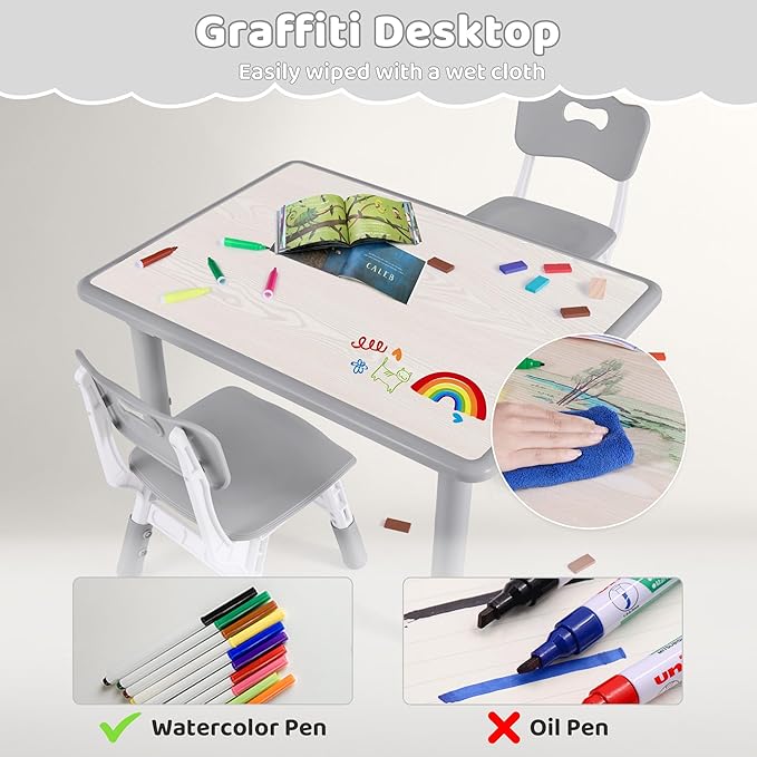 Kids Table and 2 Chairs Set, Height Adjustable (17.7"-26.1") Toddler Table and Chair Set, Multi-Activity Table with Graffiti Desktop, Children’s Table and Chairs for Classroom, Home & Daycare-Ruum Studio Home