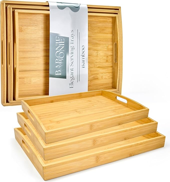 Bamboo Serving Tray with Handles Set of 3 - Decorative Wooden Trays for Eating, Working, and Storing, Suitable for Use in Bedroom, Living Room, Kitchen, Bathroom, Outdoor Scenarios and More-Ruum Studio Home