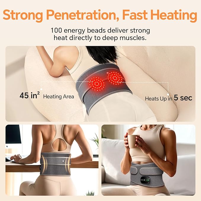 Heating Pad for Back, Lumbar Massager, Heated Waist Belt Wrap, Lower Back Pad with Heat Vibration 3 Levels Adjustable, 180 mins Battery, Cordless Portable, Touchscreen Control-Ruum Studio Home