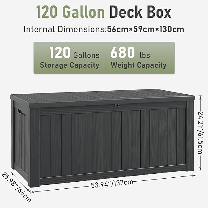 KAMABOKO Outdoor Storage Box, 120 Gallon Large Outdoor Resin Deck Box, Storage Waterproof Boxes Lockable Lid for Garden Tools, Pool Supplies, Patio Furniture and Cushions, Black-Ruum Studio Home