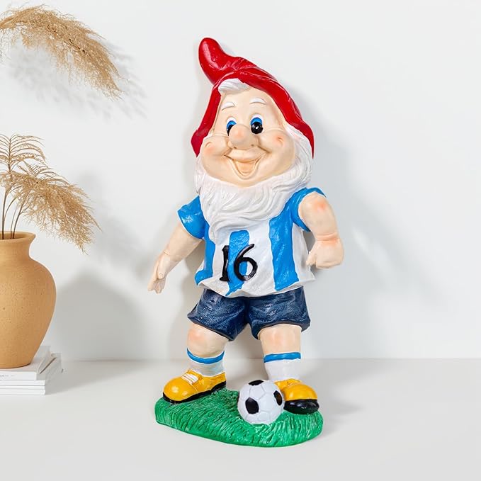 Outdoor Gnome Sculpture Soccer Garden Gnome Statue, 9.8 x 5.1 x 3.5 inches, Red Hat with Blue Jersey The for Football Enthusiasts-Ruum Studio Home