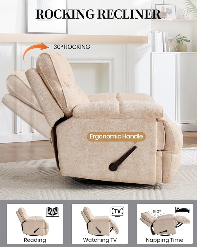 Oversized Recliner Chair Manual Swivel Rocker Recliner for Living Room Chenille Overstuffed Nursery Reclining Sofa Chair Rocking Recliners for Adults 400lbs (Manual, Beige)-Ruum Studio Home