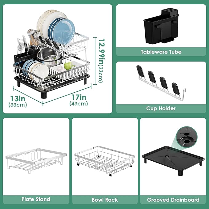 MOUKABAL Dish Drying Rack - 2 Tier Stainless Steel Dish Rack, Dish Racks for Kitchen Counter, Drying Rack Kitchen with Removable Utensil Holder and Drainboard (Black)-Ruum Studio Home