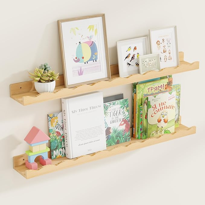 Fun Memories Picture Ledge Shelf for Wall, 36 inch Pine Wood Nursery Book Shelves Set of 2- Wall Book Shelves for Kids Room, Home Decor - Kitchen Spice-Natural-Ruum Studio Home