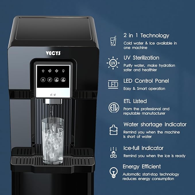 VECYS Bottom Loading Water Cooler with Ice Maker, Cold Water Supply with 18LBS Daily Ice Making, Compatible with 3 or 5 Gallon Bottles, Ideal for Home and Office (No Hot Water)-Ruum Studio Home