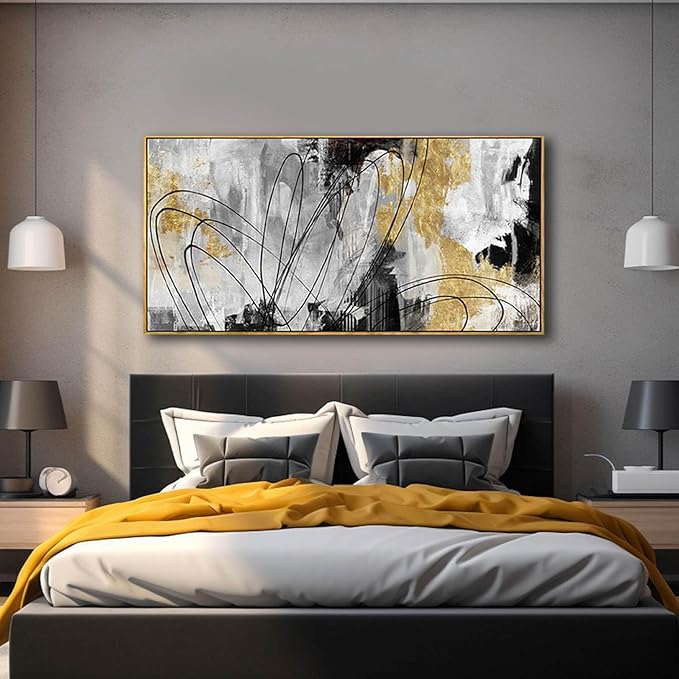 YJYart Abstract Wall Art Office Decor Gold Wall Decor for Living Room Black and White Artwork Line Art Frame Room Decor for Bedroom 24X48 Inch-Ruum Studio Home