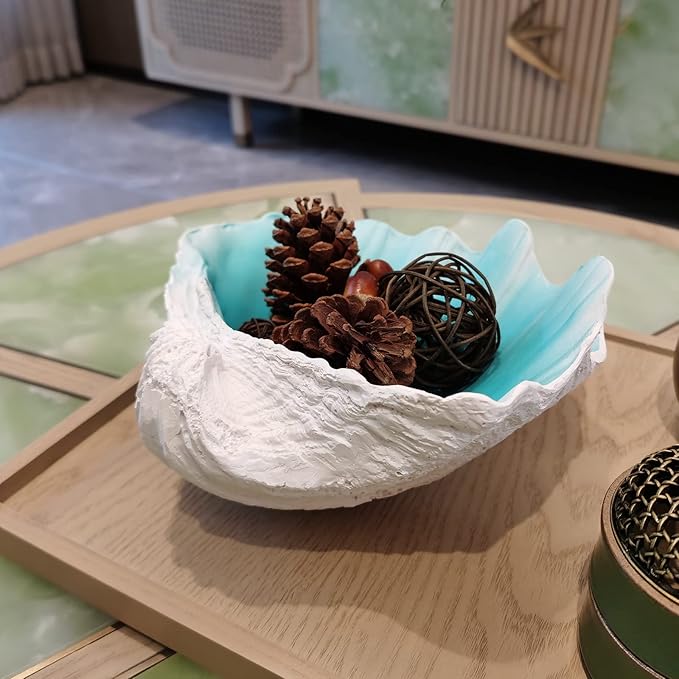 Large Turquoise-Aqua blue Sea Shells Decorative Bowl Resin Clam Shell Bowl Beach Decorations for Home Coastal Beach Decor Decoration Storage Bowls & Home Office Nautical Themed Party Decor -10.2-1PC-Ruum Studio Home