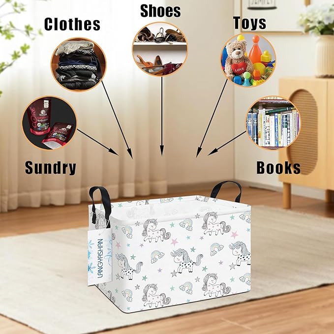 LANGYASHAN Rectangular Storage Bin Collapse Canvas Fabric Cartoon Storage Basket with Handles for Organizing Home Kitchen Boys and Girls Toys Office Closet Shelf Baskets (Rec Rainbow Unicorn)-Ruum Studio Home