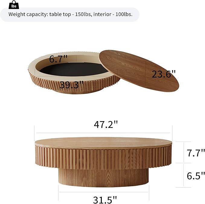 47.2''Oval Coffee Table with Storage, Mid Century Modern Drum Center Tables with Lid Fluted Solid Wood Side Coffee Table Pedestal Tea Table for Living Room, Bedroom, Apartmen-Natural-Ruum Studio Home