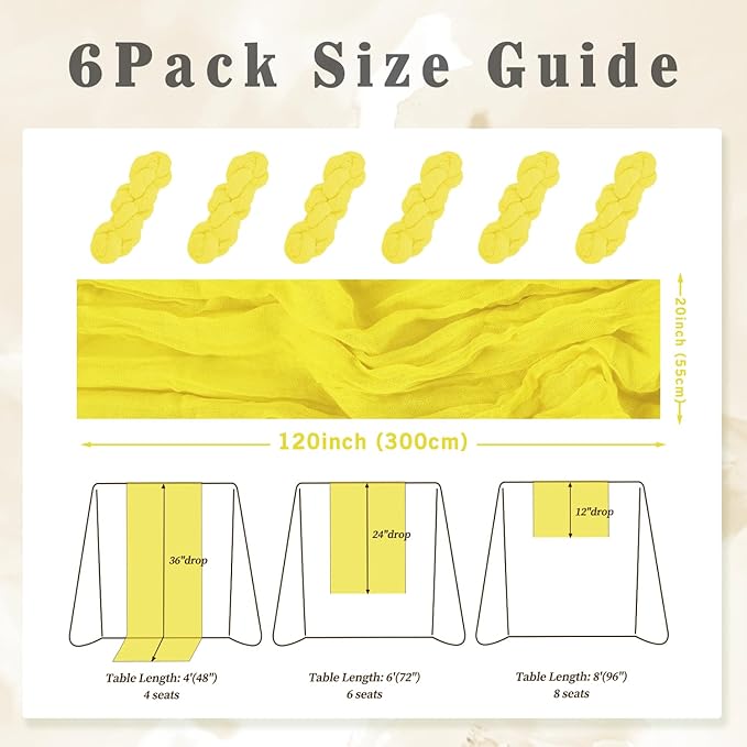 6 Pack Yellow Cheesecloth Table Runner 20 x 120 Inch Long Rustic Gauze Cheese Cloth Table Runner for Wedding 10FT Bridal Baby Shower Table Decorations Boho Fabric Sheer Birthday Party Table Decor-Ruum Studio Home