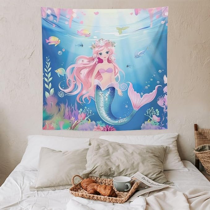 HZOHNAGO Mermaid Girls Tapestry Watercolor Mermaid Princess Pattern Printed Wall Tapestry Wall Hanging for Bedroom Living Room Dorm 60" W x 60" H-Ruum Studio Home
