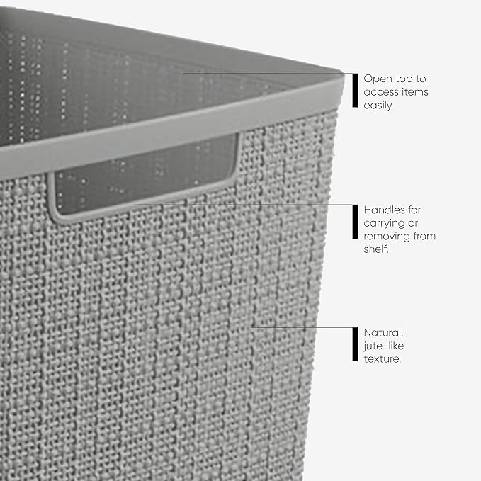 Curver Set of 4 Jute Large Cube Decorative Plastic Organization and Storage Baskets, Perfect Bins for Home Office, Closet Shelves, Kitchen Pantry and All Bedroom Essentials, Grey-Ruum Studio Home