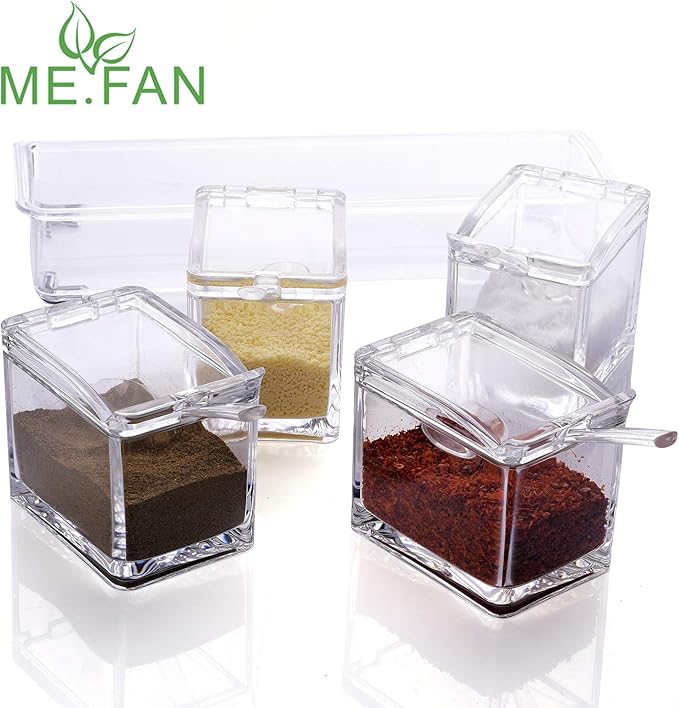 ME.FAN Clear Seasoning Rack Spice Pots - 4 Piece Acrylic Seasoning Box - Storage Container Condiment Jars - Cruet with Cover and Spoon-Ruum Studio Home