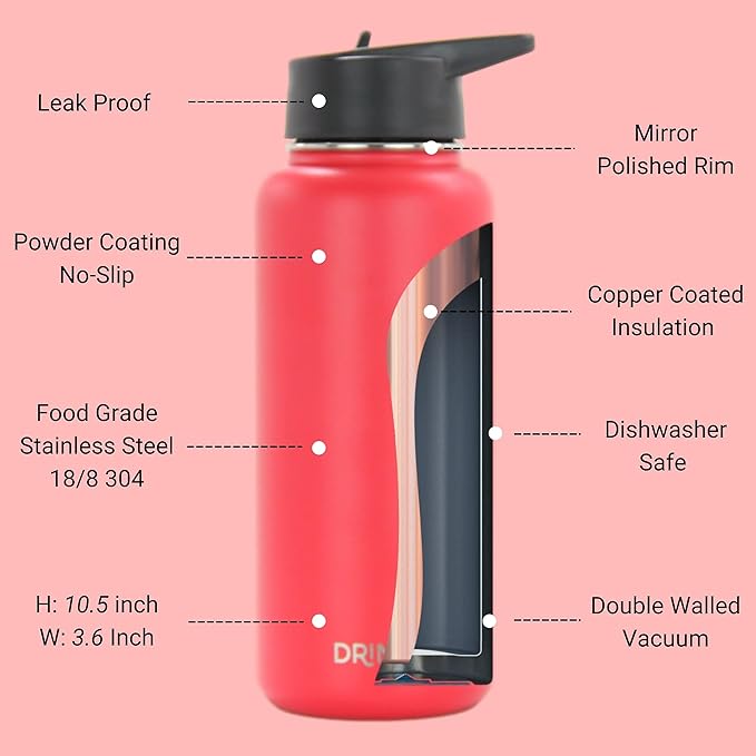 DRINCO Stainless Steel Water Bottle Spout Lid Vacuum Insulated Double Wall Water Bottle Wide Mouth (40oz 32oz 22oz 18oz 14oz) Leak Proof Keeps Cold or Hot (32 oz, 32oz Barn Red)-Ruum Studio Home