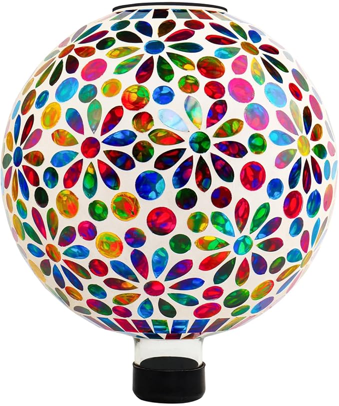 VOREEN 10" Mosaic Glass Gazing Ball with Solar Light, Outdoor Solar Gazing Globe, Handmade IP44 Waterproof Garden Decor Sphere for Patio Yard, Ideal Gift for Mom Wife Friend, Colorful Daisy Design-Ruum Studio Home