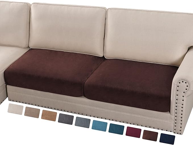 PrinceDeco Velvet Couch Cushion Cover Soft Stretch Cushion Slipcover for Chair Loveseat Sofa Cushion Furniture Protector Seat Cushion Sofa Cover (2 Piece Large Sofa Cushion Covers, Brown)-Ruum Studio Home