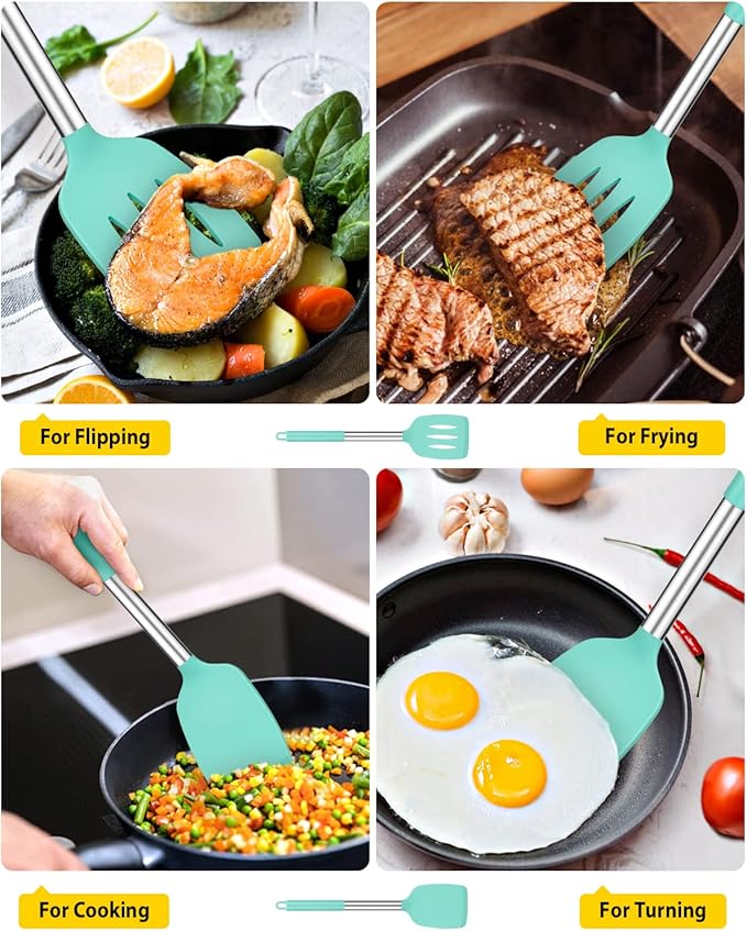 Pack of 2 Silicone Solid Turner, Non Stick Slotted Kitchen Spatulas, High Heat Resistant BPA Free Cooking Utensils, Ideal Cookware for Fish, Eggs, Pancakes(Green)-Ruum Studio Home