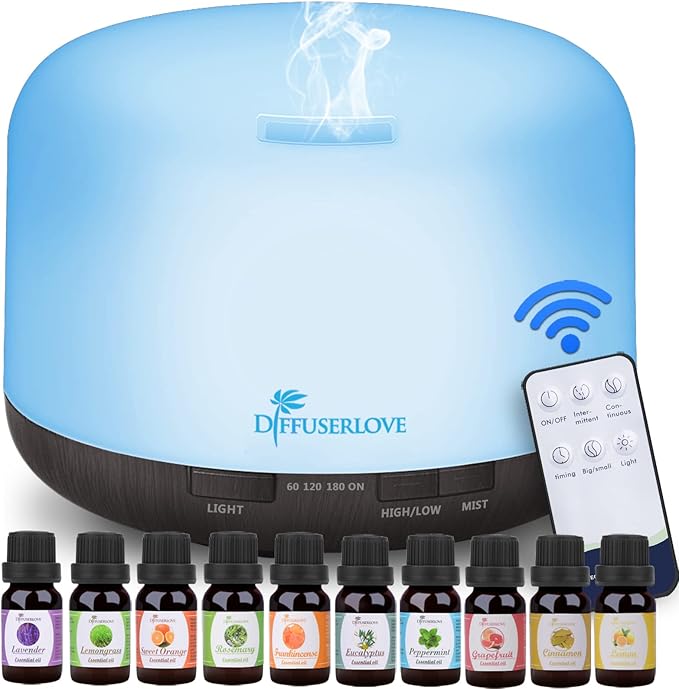 Diffuserlove Essential Oil Diffuser 500ML Aromatherapy Diffuser Mist Humidifiers 7 Color LED Lights Diffusers for Home Office Bedroom (Size:6.7" L x 6.7" W x 4.7" H)-Ruum Studio Home