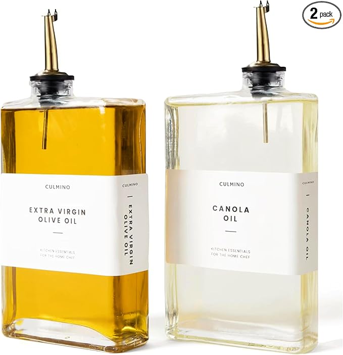 Premium Glass Olive Oil Dispenser Bottle 350ml | Cooking Oil and Vinegar Dispenser Set of 2 | Oil Dispenser for Kitchen with 2 Gold Pourers, Funnel, Brush & 36 Labels-Ruum Studio Home