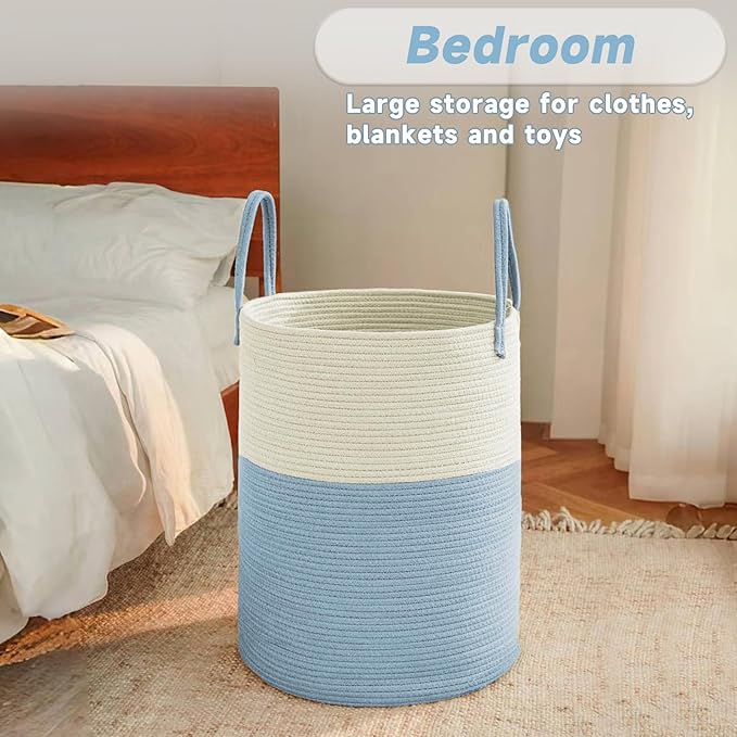 Large Woven Laundry Basket Hamper,80L Cotton Rope Storage Bin for Blankets,Toys and Clothes,Decorative Tall Nursery Hamper for Living Room,Baby Nursery,Bathroom and Bedroom,White and Blue-Ruum Studio Home