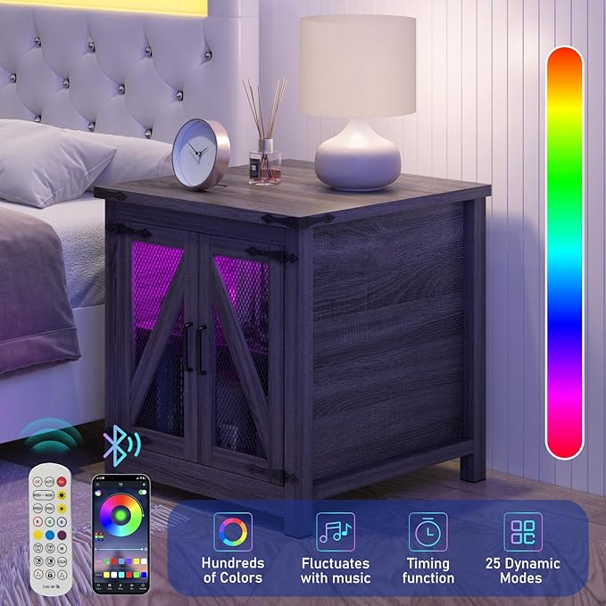 Farmhouse End Table, 24" Large Sofa Side Table with Charging Station, Mesh Barn Door, and Adjustable Storage Shelf, Rustic Wood Square Nightstand for Living Room, Bedroom, Office, Grey-Ruum Studio Home