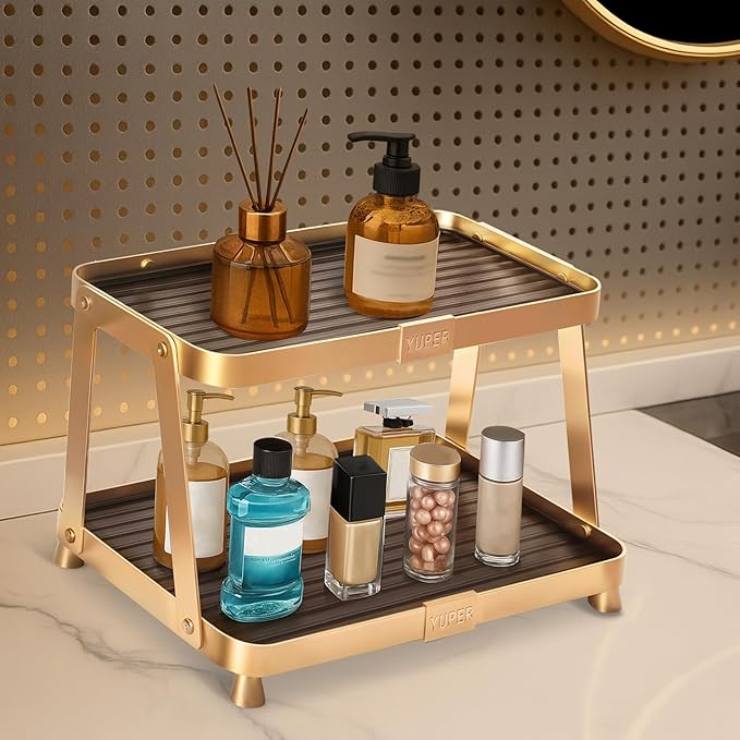 YUPER Bathroom Counter Organizer, 2-Tier Bathroom Organizers and Storage, Large Makeup Storage Shelf Vanity Tray Perfume Organizer, Bedroom Kitchen Corner Counter Storage Sink Shelf Gold-Ruum Studio Home