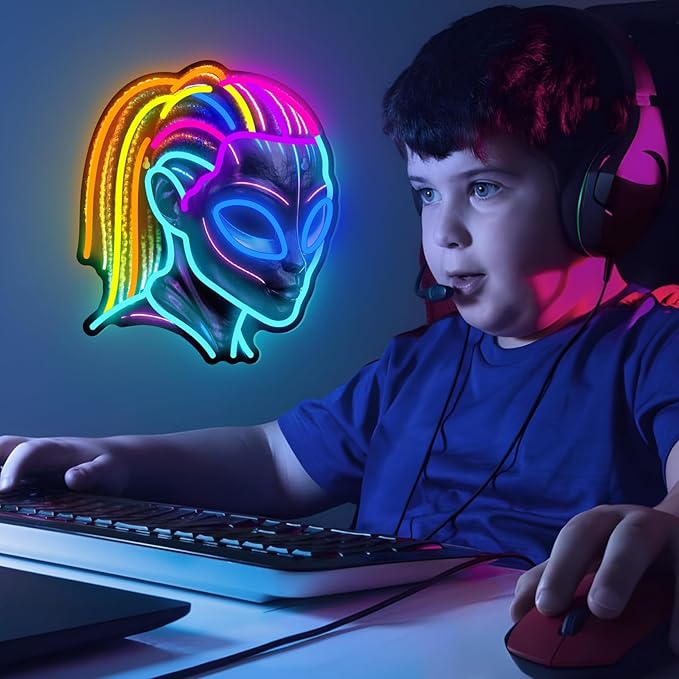 Dreadlocks Alien Neon Sign, E.T Neon Signs for Wall Decor, for Man Cave Game Room Teens Boy Room Decor, Gift for Teens Kids E.T Fans UFO Fans, Dimmable Decoration USB Powered with Switch-Ruum Studio Home