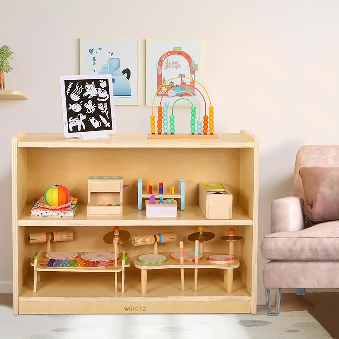 wingyz Wooden Storage Cabinet, 2-Tier Kids Toy Storage Organizer, Spacious Montessori Kids Bookshelf, Toy Shelf Storage Organizer for Playroom Classroom Nursery Study Room Living Room-Ruum Studio Home