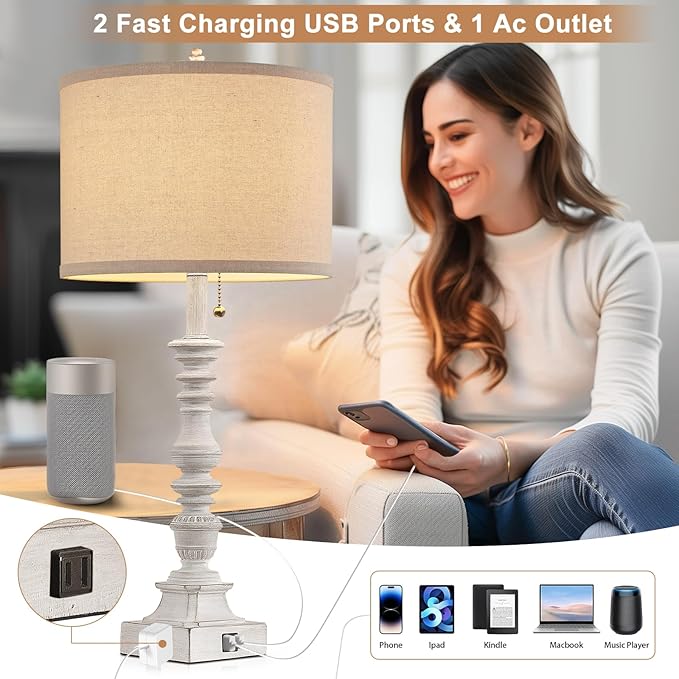 Farmhouse Table Lamps for Bedroom Set of 2, 29.5" Tall Rustic Bedside Lamp with USB Ports and AC Outlet, Vintage Nightstand Table Lamp for Living Room with Linen Drum Shade, White, Pull Chain-Ruum Studio Home