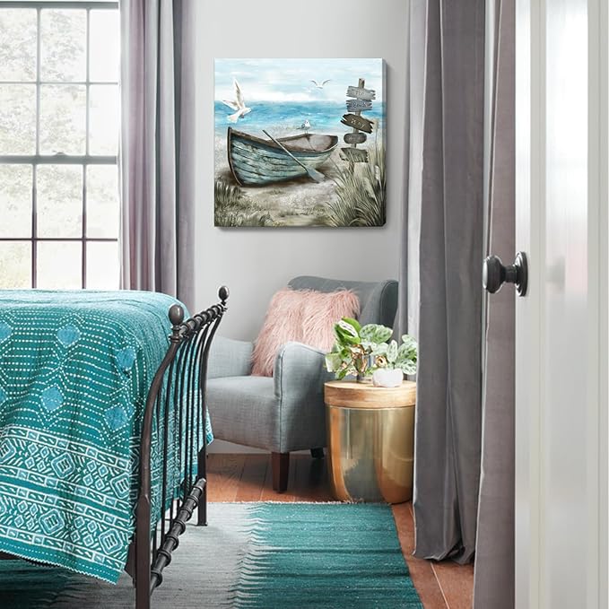 Canvas Wall Art Beach Décor Wall Picture Rustic Coastal Sand Canvas Print Ocean Nautical Painting Seascape Sea Bird Vintage Ship Boat Artwork for Seaside Living Room Bedroom Bathroom Decor Blue Large-Ruum Studio Home