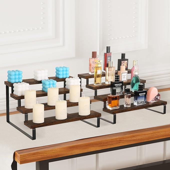 YINMIT Wooden Display Riser Stand, Tiered Perfume and Cologne Organizer Stand, 4 Tier Spice Rack Organizer, Rustic Display Shelf for Candles (4 Tier, 2 Pack)-Ruum Studio Home